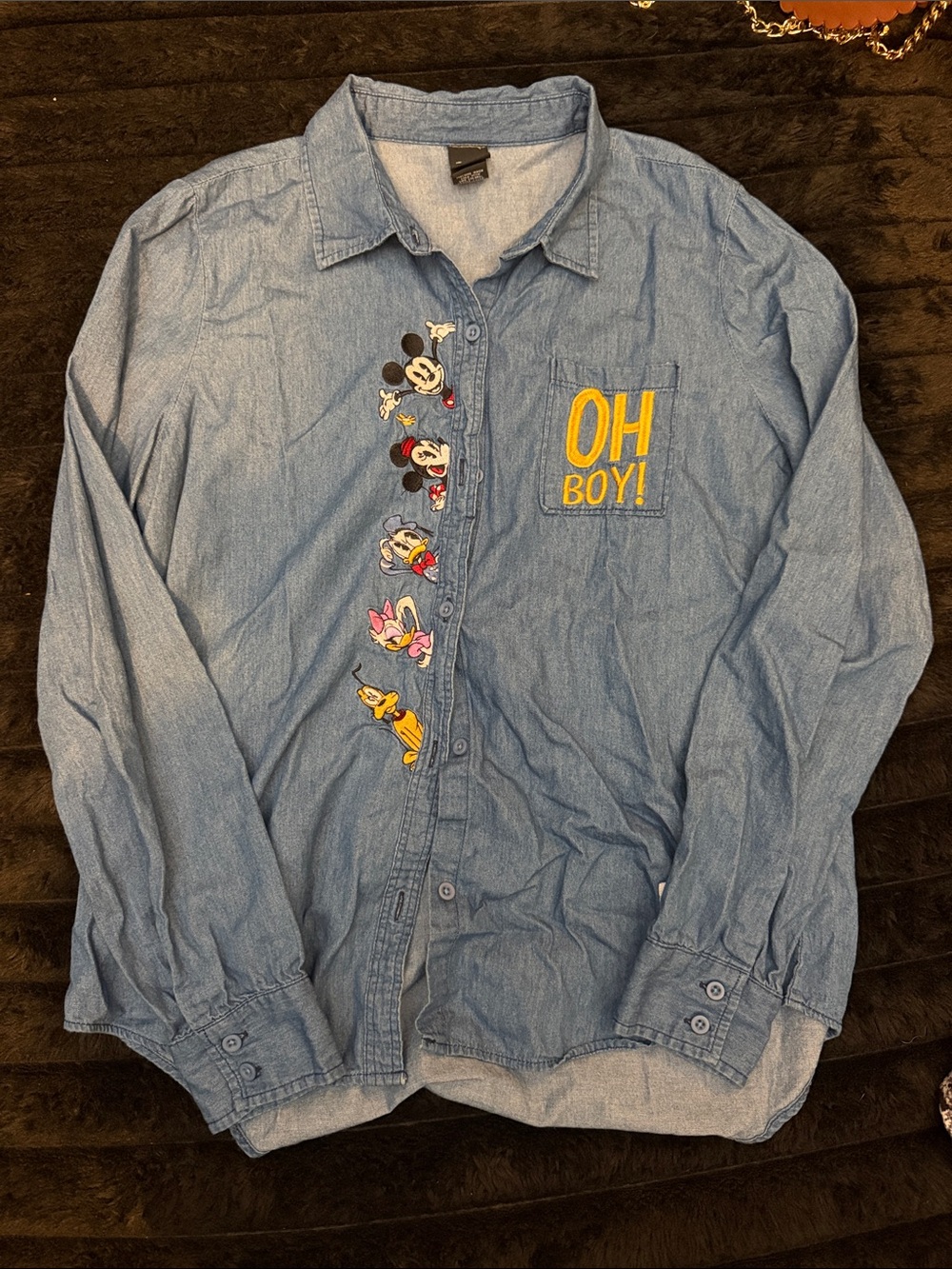 Disney Light Blue Denim Button-Down with Character Embroidery